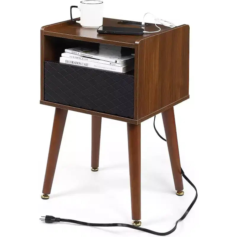 Modern End Table with Charging Station,Farmhouse Nightstand with Storage Drawer,& Open Shelf,Solid Wood Legs for Bedroom