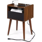 Modern End Table with Charging Station,Farmhouse Nightstand with Storage Drawer,& Open Shelf,Solid Wood Legs for Bedroom