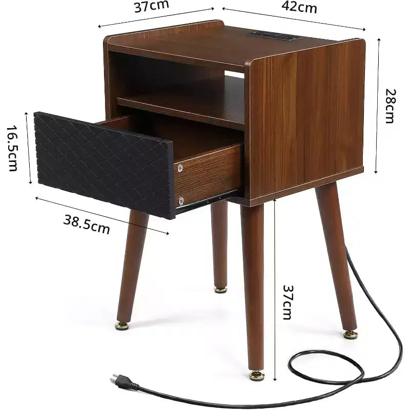 Table d'appoint moderne avec station de charge, table de chevet rustique avec tiroir de rangement et étagère ouverte, pieds en bois massif pour chambre à coucher