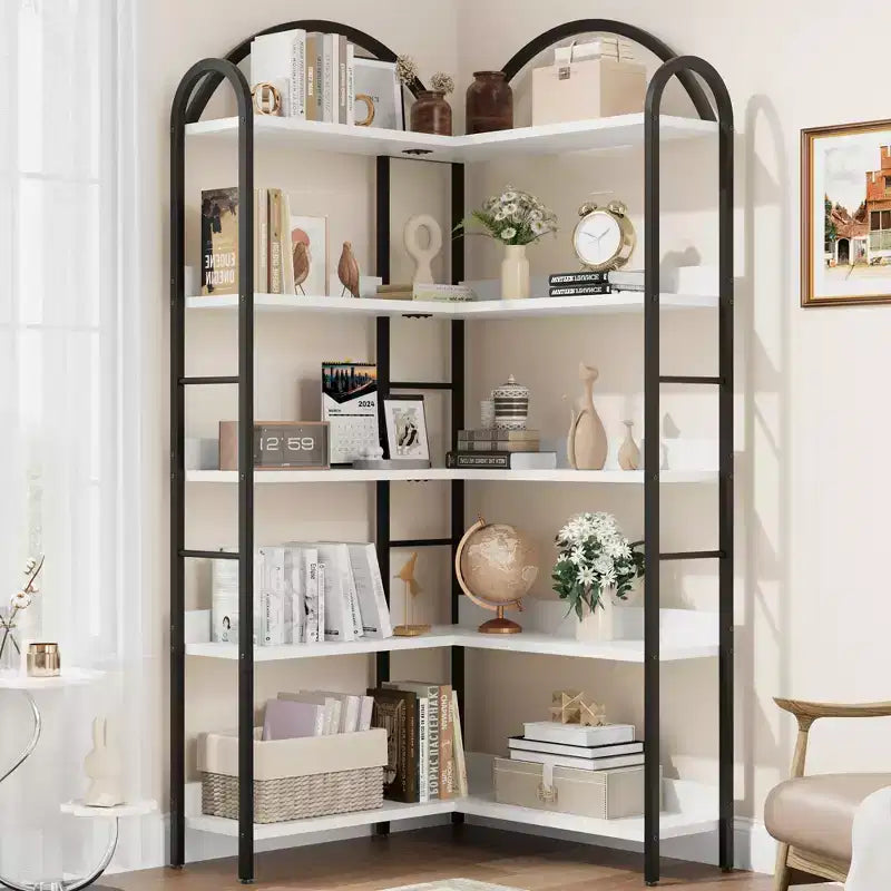 68.5Industrial Wooden Bookshelf with Metal Frame, 5-Tier Reversible Corner Bookcase, Open Storage Organizer for Living Room, Bedroom, Home Office
