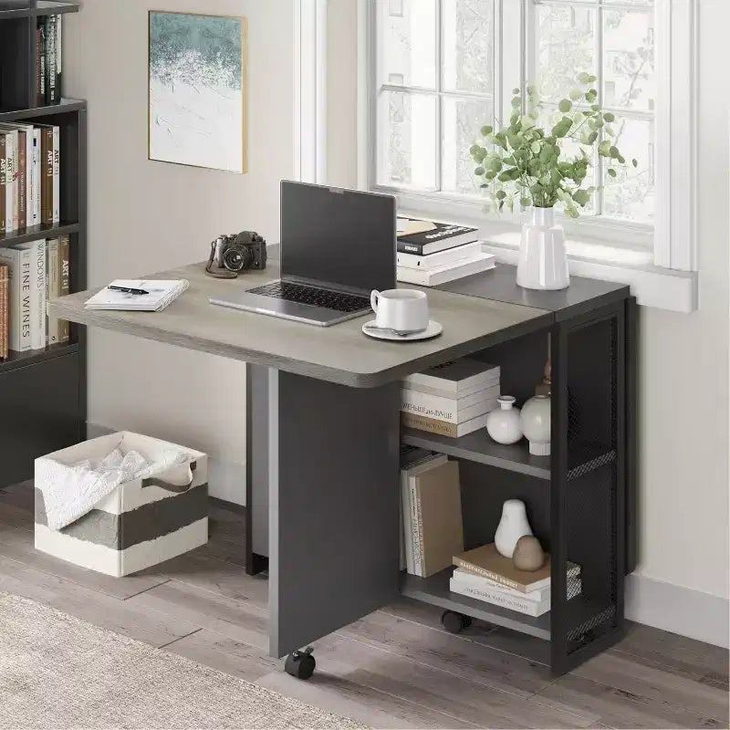 GustoWave Space Saving Folding Dining Table with 2 Tier Storage-Extendable, Collapsible Expandable Rectangle Dinner Kitchen Office Furniture