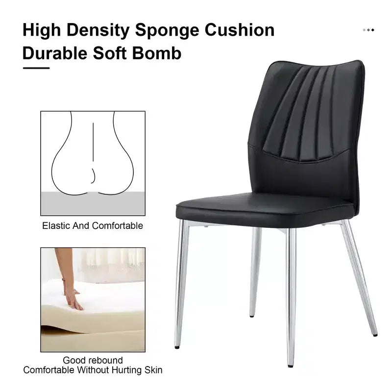 Set di 4 sedie da pranzo Mid-Century Modern - Sedili imbottiti in pelle PU nera, gambe in metallo argentato, eleganti sedie d'accento per cucina/soggiorno