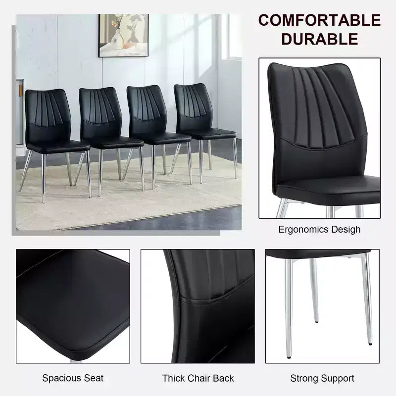 Set di 4 sedie da pranzo Mid-Century Modern - Sedili imbottiti in pelle PU nera, gambe in metallo argentato, eleganti sedie d'accento per cucina/soggiorno