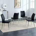 Set di 4 sedie da pranzo Mid-Century Modern - Sedili imbottiti in pelle PU nera, gambe in metallo argentato, eleganti sedie d'accento per cucina/soggiorno