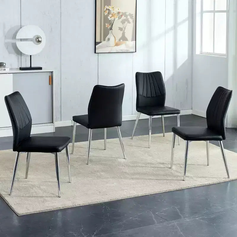 Set di 4 sedie da pranzo Mid-Century Modern - Sedili imbottiti in pelle PU nera, gambe in metallo argentato, eleganti sedie d'accento per cucina/soggiorno