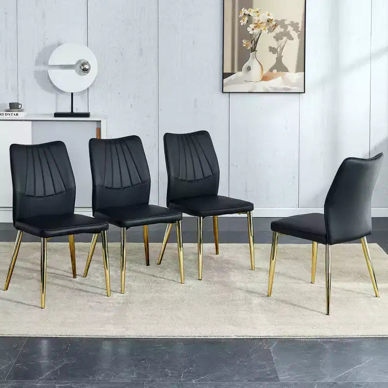 Set di 4 sedie da pranzo Mid-Century Modern - Sedili imbottiti in pelle PU nera, gambe in metallo argentato, eleganti sedie d'accento per cucina/soggiorno
