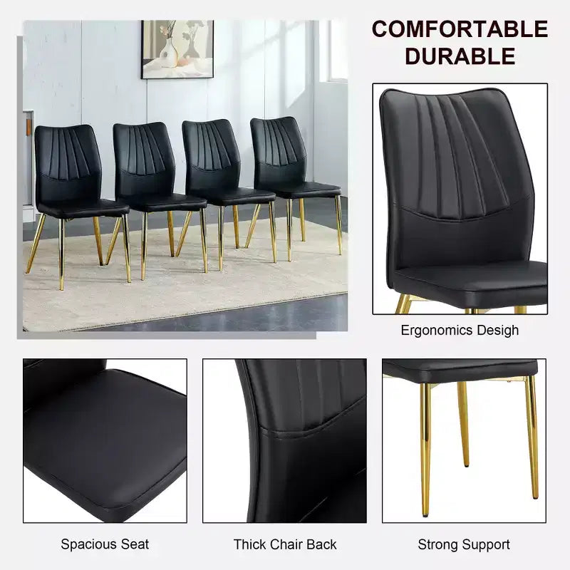 Set di 4 sedie da pranzo Mid-Century Modern - Sedili imbottiti in pelle PU nera, gambe in metallo argentato, eleganti sedie d'accento per cucina/soggiorno