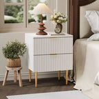 Modern Fluted Nightstand with 2 Drawers, Gold & Wood Bedside Table, Small Side Table, End Table for Bedroom, Living Room