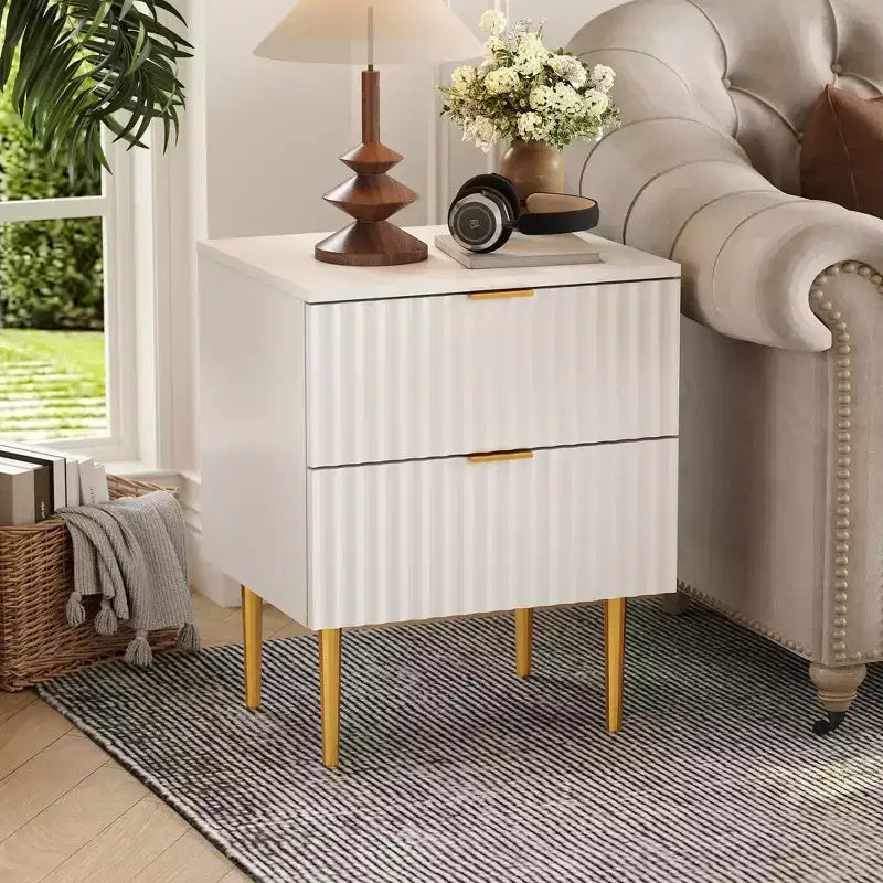 Comodino scanalato moderno con 2 cassetti, tavolino da notte in oro e legno, tavolino piccolo, tavolino per camera da letto, soggiorno