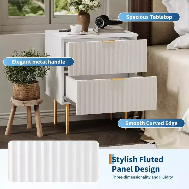 Comodino scanalato moderno con 2 cassetti, tavolino da notte in oro e legno, tavolino piccolo, tavolino per camera da letto, soggiorno