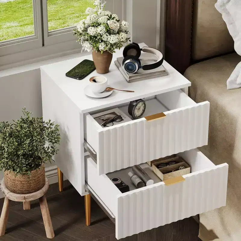 Comodino scanalato moderno con 2 cassetti, tavolino da notte in oro e legno, tavolino piccolo, tavolino per camera da letto, soggiorno