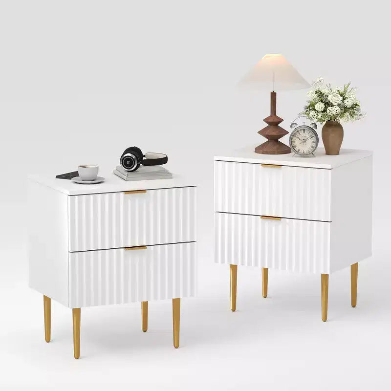 Comodino scanalato moderno con 2 cassetti, tavolino da notte in oro e legno, tavolino piccolo, tavolino per camera da letto, soggiorno
