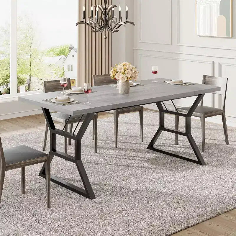 Rectangular Dining Table for 6 People, Kitchen Tables with Extra Heavy Duty Metal Legs, Gray