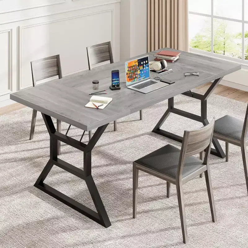 Tavolo da Pranzo Rettangolare per 6 Persone, Tavoli da Cucina con Gambe in Metallo Ultra Resistenti, Grigio