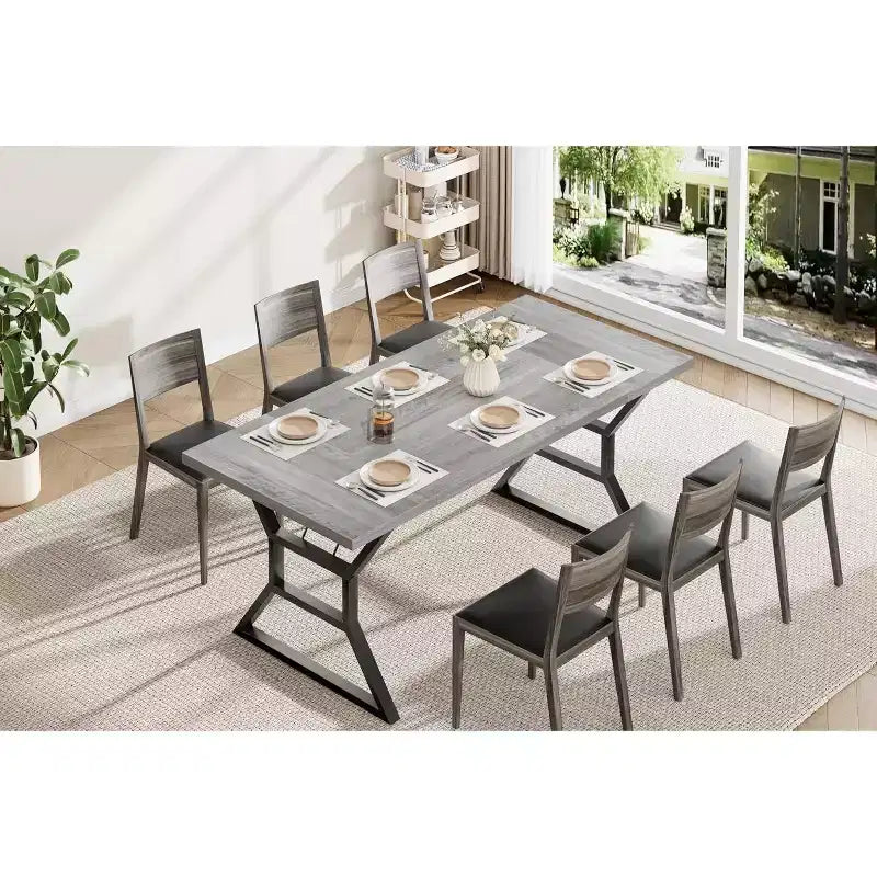 Tavolo da Pranzo Rettangolare per 6 Persone, Tavoli da Cucina con Gambe in Metallo Ultra Resistenti, Grigio