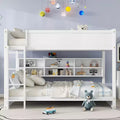 MAYEERTY Queen Over Queen Bunk Bed with Built in Storage Cabinets Charging Station Ladder Guardrails Solid Pine Wood Bunk Bed White