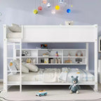MAYEERTY Queen Over Queen Bunk Bed with Built in Storage Cabinets Charging Station Ladder Guardrails Solid Pine Wood Bunk Bed White