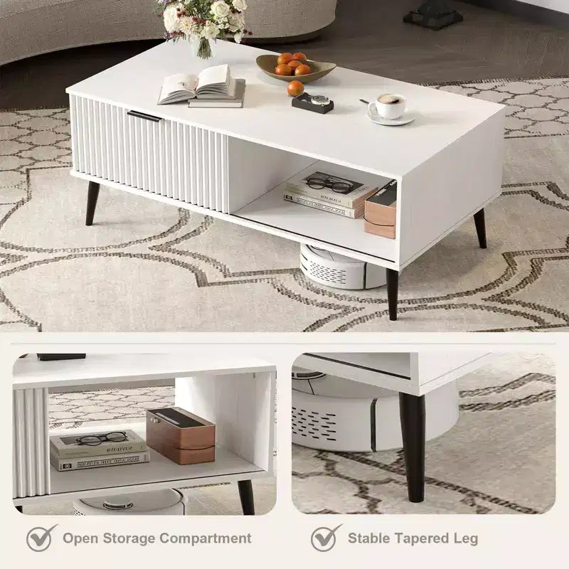 Tavolino da salotto in stile rustico con anta scorrevole scanalata e piano in legno, per casa, appartamento, ufficio