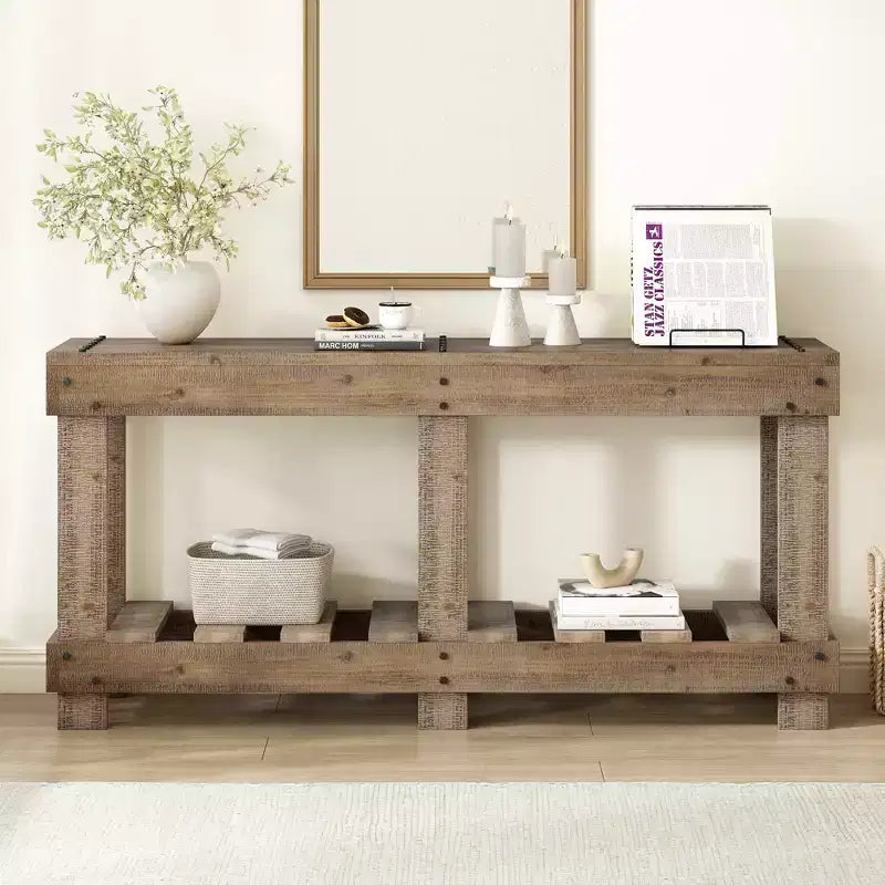 Consolle rustica con contenitore, tavolo da ingresso in legno massello di abete, tavolo vintage da corridoio con ripiano e gambe rinforzate