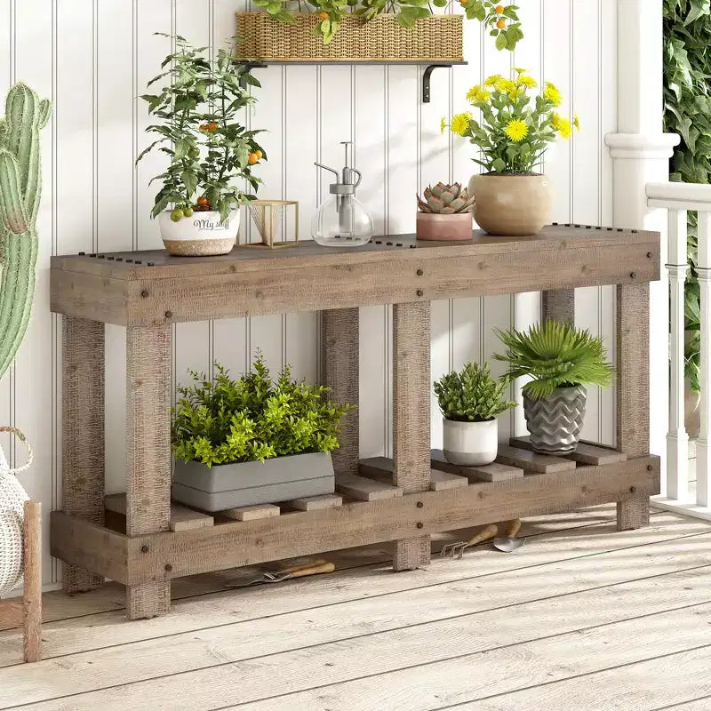 Consolle rustica con contenitore, tavolo da ingresso in legno massello di abete, tavolo vintage da corridoio con ripiano e gambe rinforzate