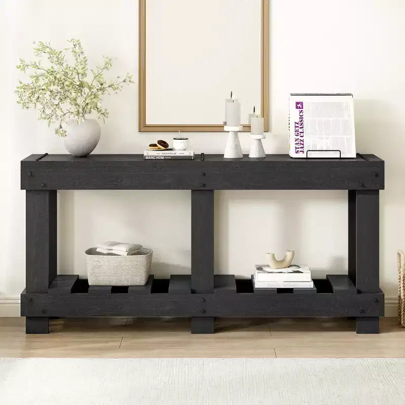 Consolle rustica con contenitore, tavolo da ingresso in legno massello di abete, tavolo vintage da corridoio con ripiano e gambe rinforzate