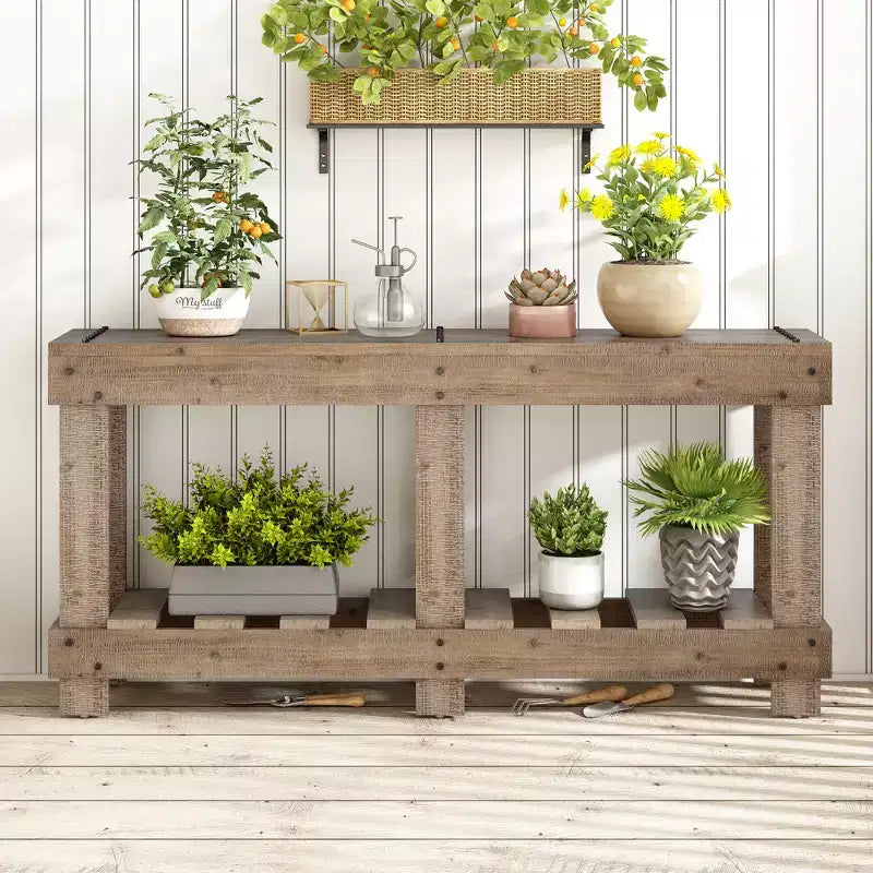 Consolle rustica con contenitore, tavolo da ingresso in legno massello di abete, tavolo vintage da corridoio con ripiano e gambe rinforzate