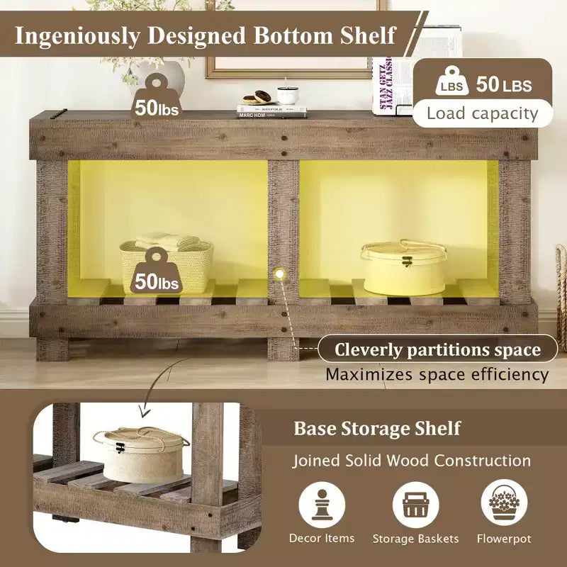Consolle rustica con contenitore, tavolo da ingresso in legno massello di abete, tavolo vintage da corridoio con ripiano e gambe rinforzate