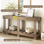 Consolle rustica con contenitore, tavolo da ingresso in legno massello di abete, tavolo vintage da corridoio con ripiano e gambe rinforzate