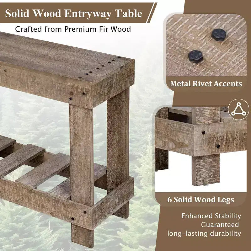 Consolle rustica con contenitore, tavolo da ingresso in legno massello di abete, tavolo vintage da corridoio con ripiano e gambe rinforzate