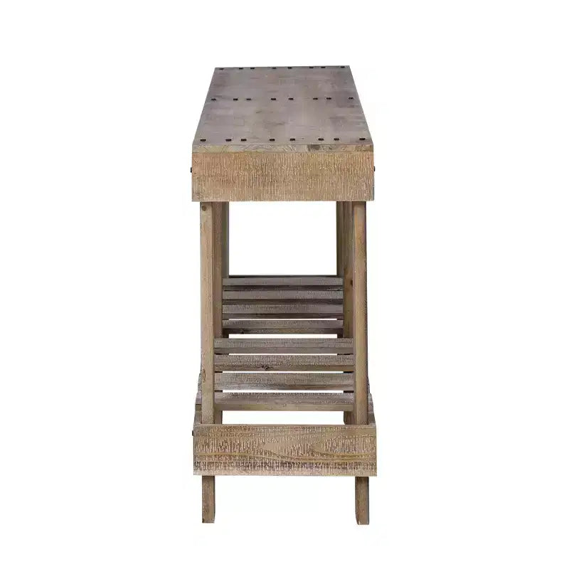 Consolle rustica con contenitore, tavolo da ingresso in legno massello di abete, tavolo vintage da corridoio con ripiano e gambe rinforzate