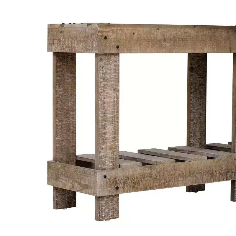 Consolle rustica con contenitore, tavolo da ingresso in legno massello di abete, tavolo vintage da corridoio con ripiano e gambe rinforzate