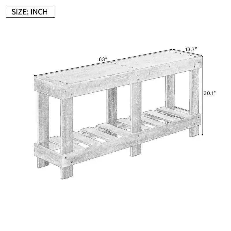 Consolle rustica con contenitore, tavolo da ingresso in legno massello di abete, tavolo vintage da corridoio con ripiano e gambe rinforzate