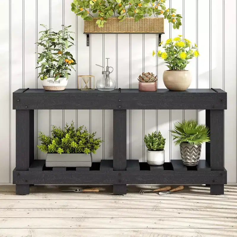 Consolle rustica con contenitore, tavolo da ingresso in legno massello di abete, tavolo vintage da corridoio con ripiano e gambe rinforzate