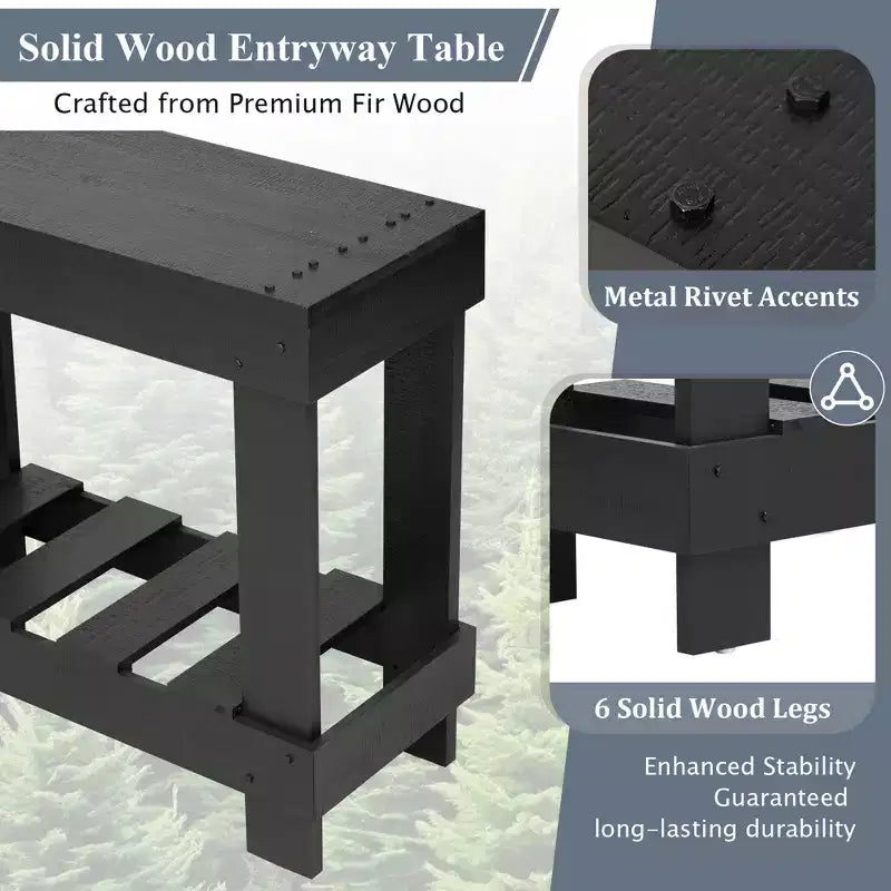 Consolle rustica con contenitore, tavolo da ingresso in legno massello di abete, tavolo vintage da corridoio con ripiano e gambe rinforzate