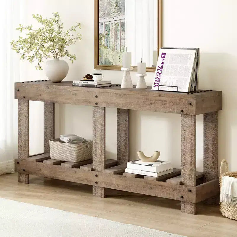 Console rustique avec rangement, table de couloir en bois de sapin massif, table d'entrée vintage avec étagère et pieds renforcés