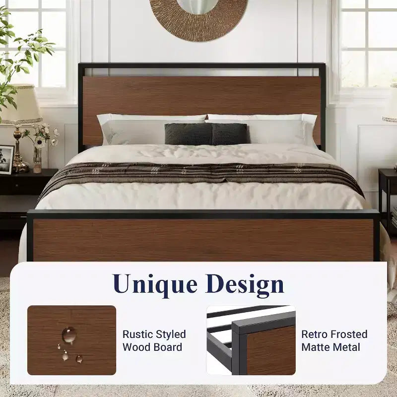 Struttura letto a piattaforma con testiera e pediera, contenitore sottostante, nessun box spring necessario, 12 doghe in metallo, silenzioso