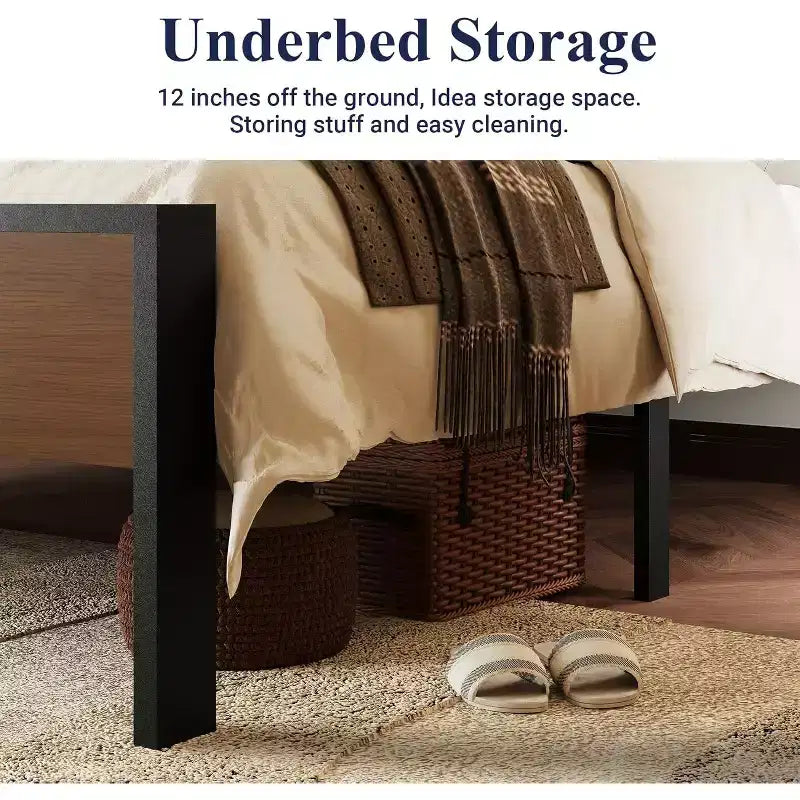 Struttura letto a piattaforma con testiera e pediera, contenitore sottostante, nessun box spring necessario, 12 doghe in metallo, silenzioso