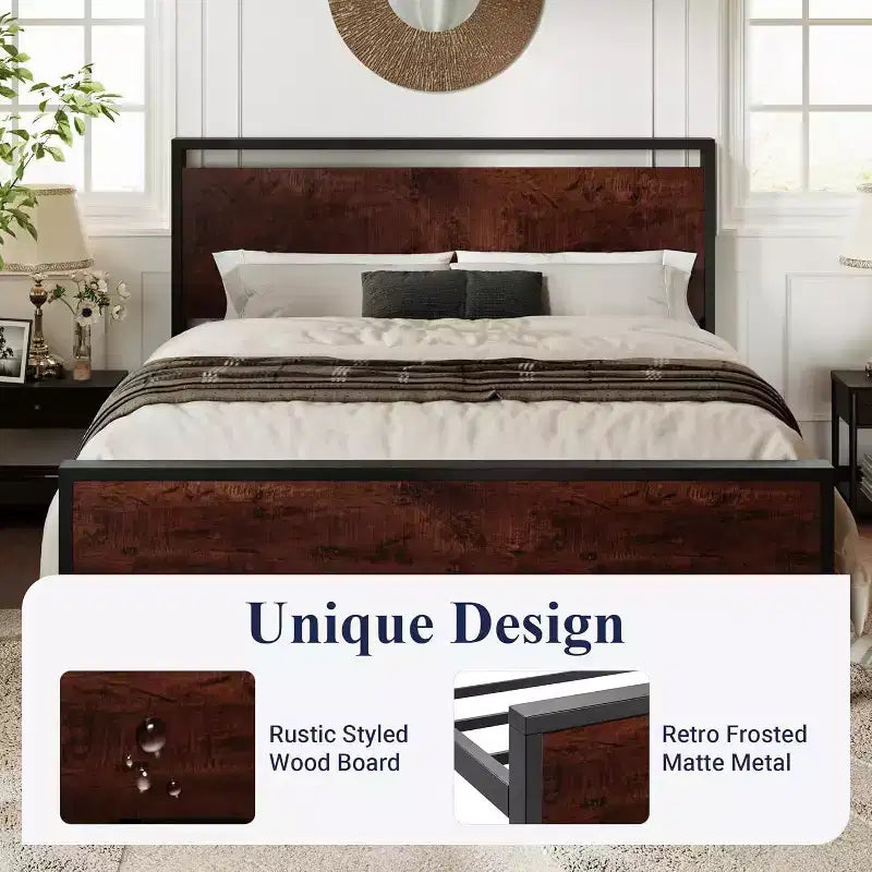 Struttura letto a piattaforma con testiera e pediera, contenitore sottostante, nessun box spring necessario, 12 doghe in metallo, silenzioso