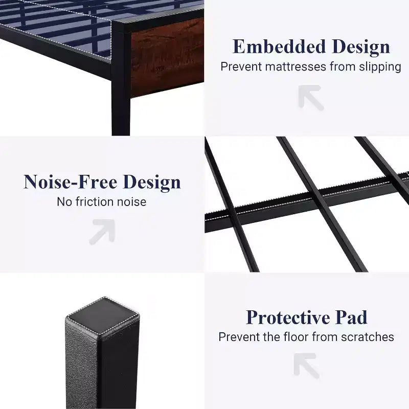 Struttura letto a piattaforma con testiera e pediera, contenitore sottostante, nessun box spring necessario, 12 doghe in metallo, silenzioso