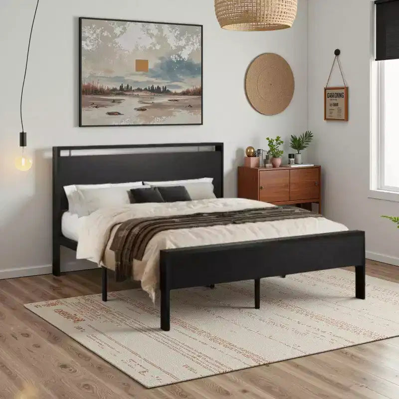 Struttura letto a piattaforma con testiera e pediera, contenitore sottostante, nessun box spring necessario, 12 doghe in metallo, silenzioso
