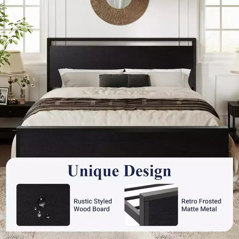 Struttura letto a piattaforma con testiera e pediera, contenitore sottostante, nessun box spring necessario, 12 doghe in metallo, silenzioso