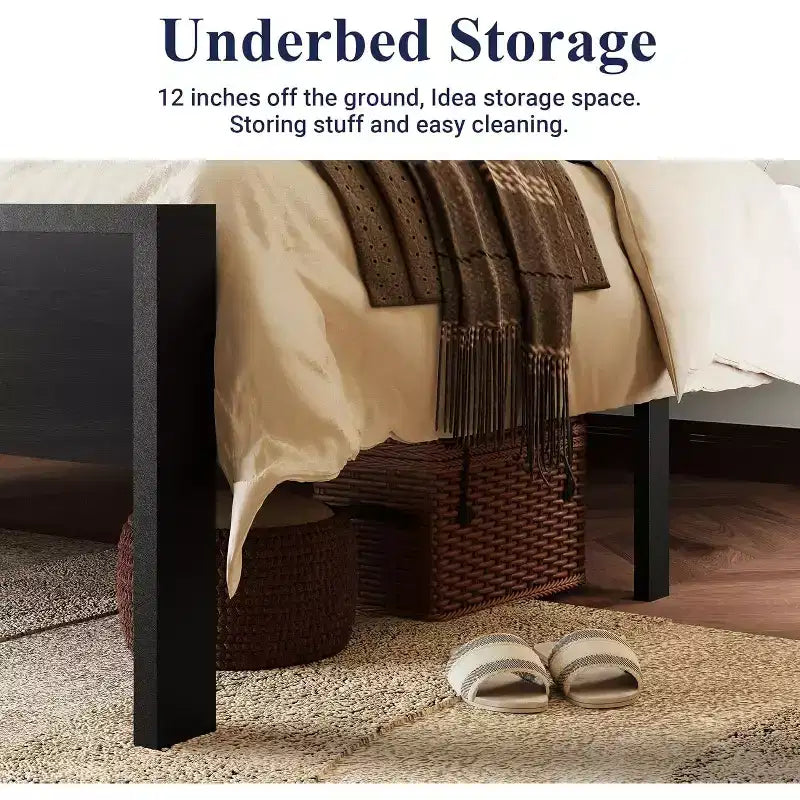 Struttura letto a piattaforma con testiera e pediera, contenitore sottostante, nessun box spring necessario, 12 doghe in metallo, silenzioso