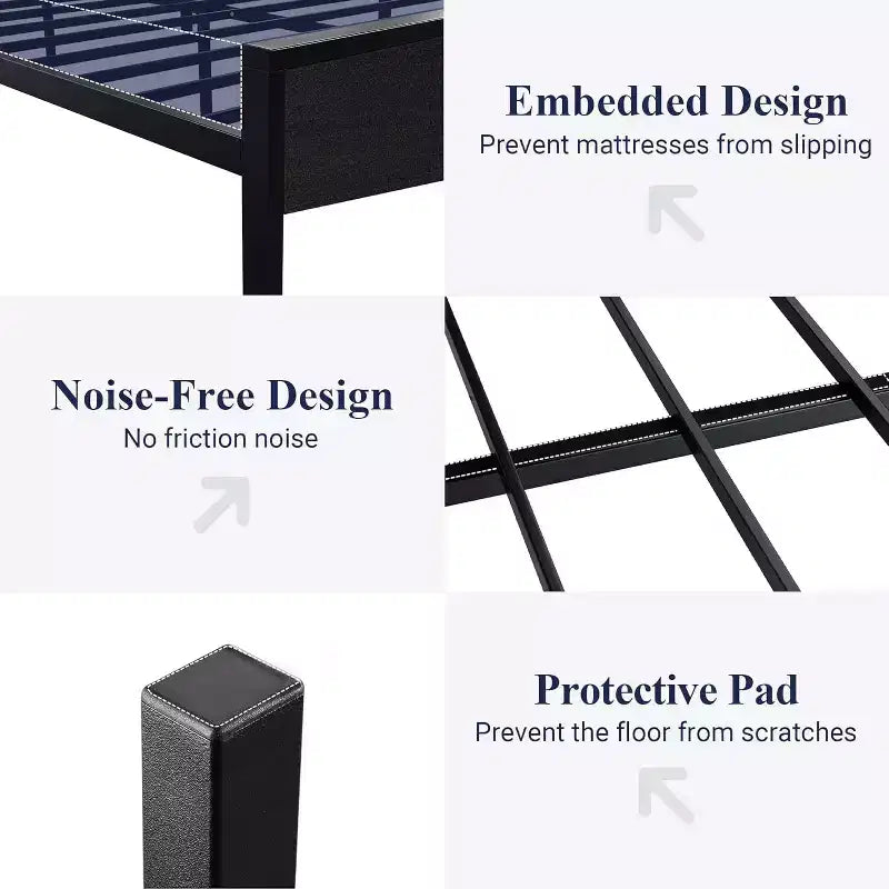 Struttura letto a piattaforma con testiera e pediera, contenitore sottostante, nessun box spring necessario, 12 doghe in metallo, silenzioso