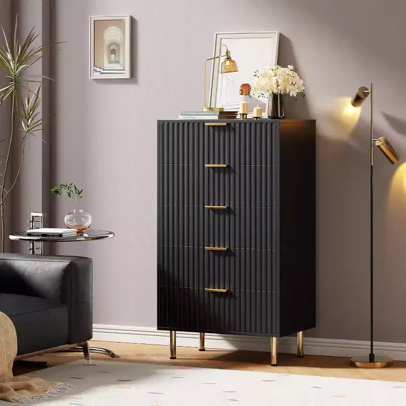 Modern grooved five-drawer tall bedroom wardrobe, 48-inch high drawer cabinet, deep storage with wide top, suitable for living room, hallway, black