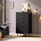 Modern grooved five-drawer tall bedroom wardrobe, 48-inch high drawer cabinet, deep storage with wide top, suitable for living room, hallway, black