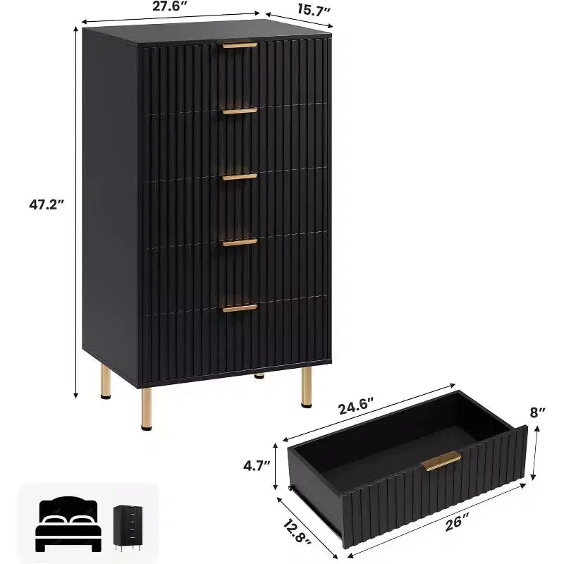 Armadio alto da camera moderno con cinque cassetti scanalati, cassettiera alta 122 cm, contenitore profondo con piano ampio, adatto per soggiorno, corridoio, nero