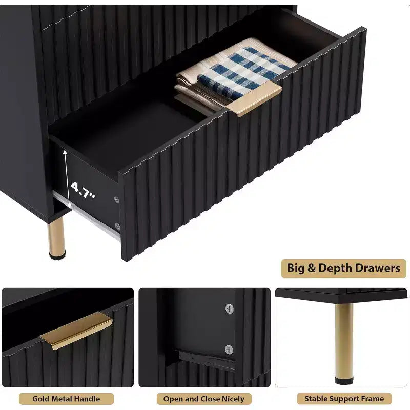 Armadio alto da camera moderno con cinque cassetti scanalati, cassettiera alta 122 cm, contenitore profondo con piano ampio, adatto per soggiorno, corridoio, nero