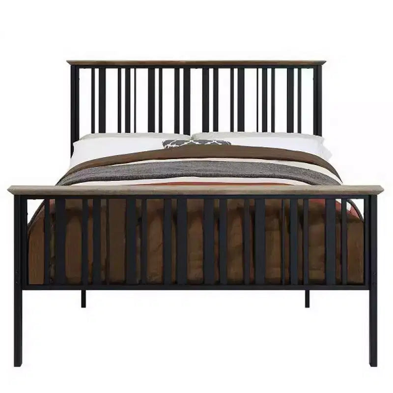 Letto matrimoniale Royal Hampton con telaio in metallo a doghe, legno MDF, marrone quercia e nero