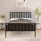 Letto matrimoniale Royal Hampton con telaio in metallo a doghe, legno MDF, marrone quercia e nero