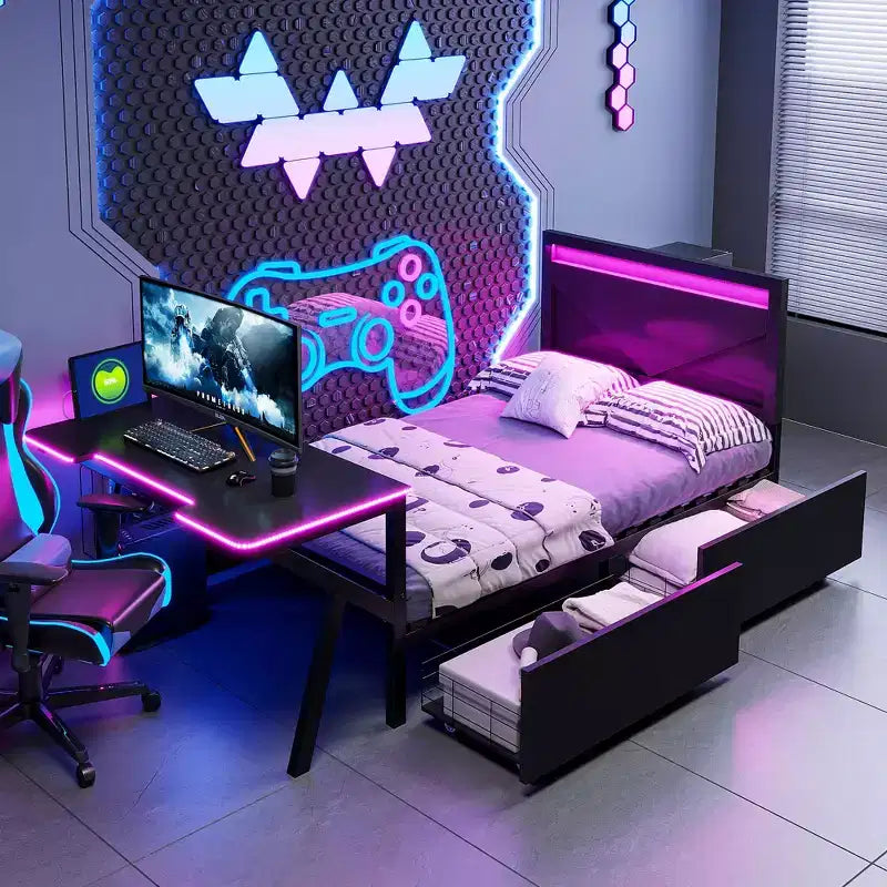 Twin/Full Gaming Bed with Desk and LED Headboard, Metal Game Bed with Storage Drawers for Kids and Adults, Black